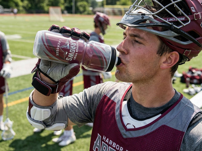 Lacrosse player in helmet and gloves on the field
