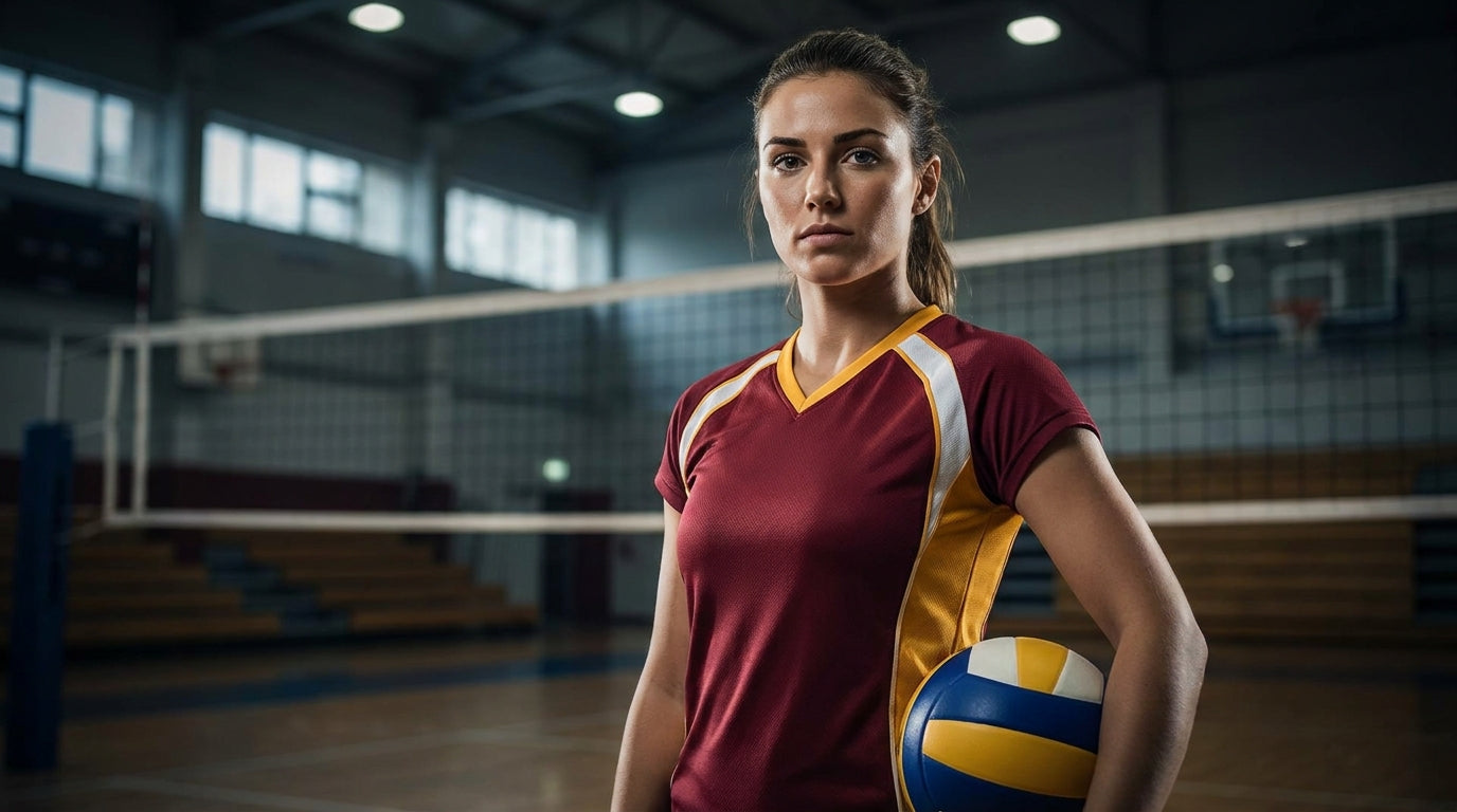 Volleyball player serving during an indoor gym match