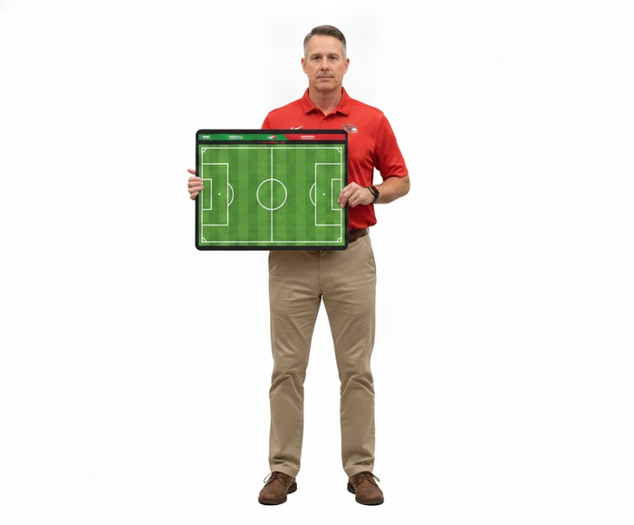 Soccer coach holding a custom HoopsKing coaching board