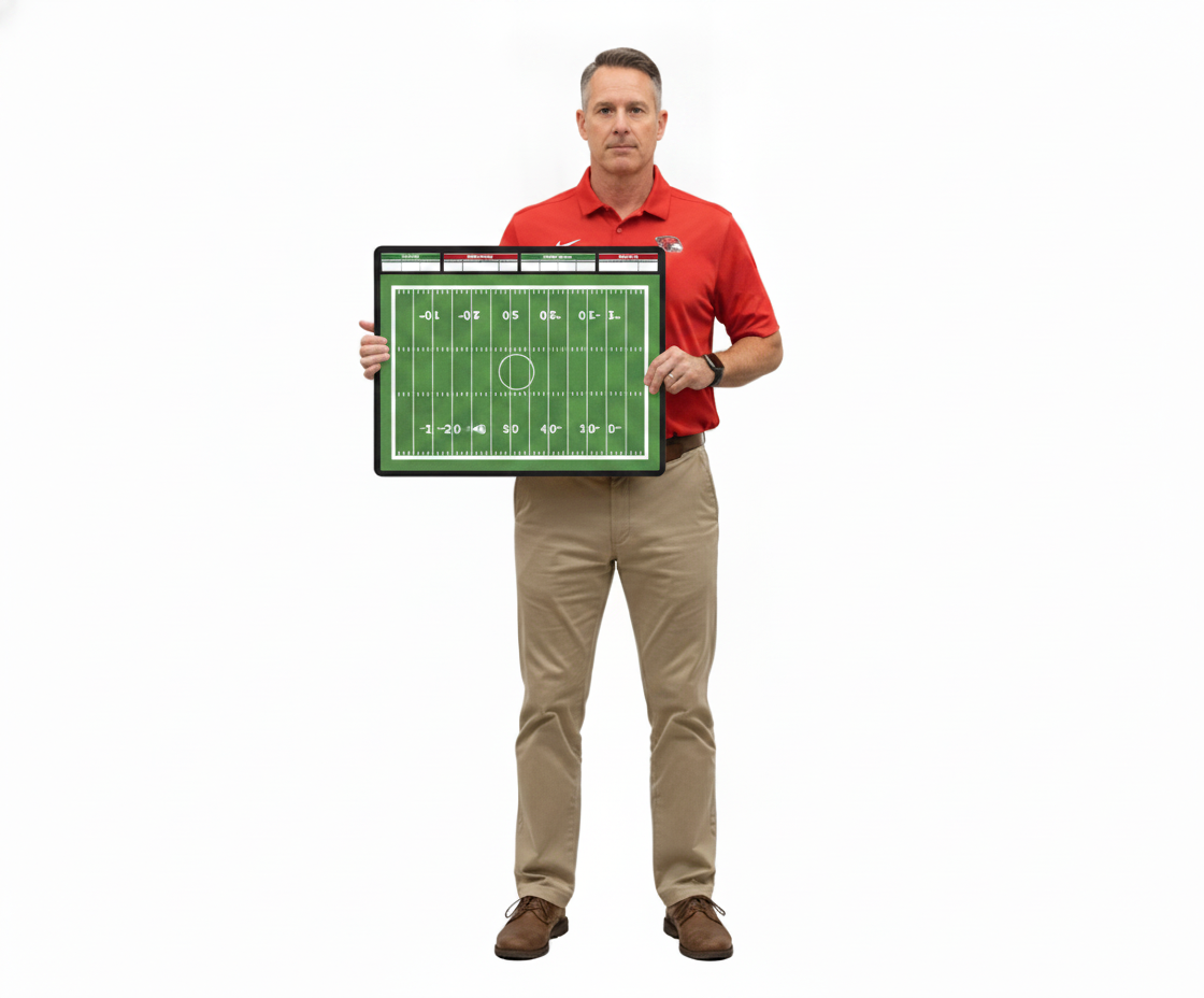 Football coach holding a custom HoopsKing coaching board