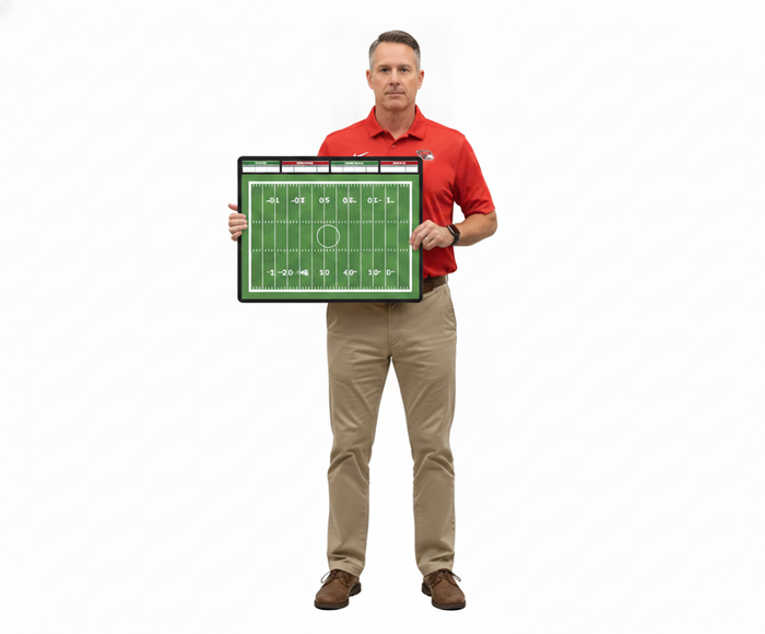 Football coach holding a custom HoopsKing coaching board