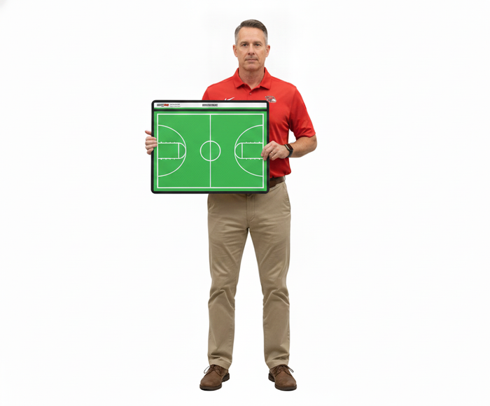 Lacrosse coach holding a custom HoopsKing coaching board