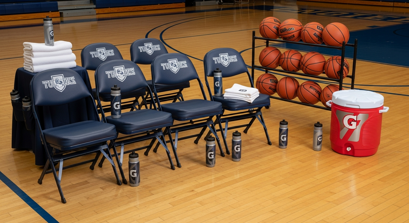 Outfitted basketball team sideline with branded chairs, water cooler, ball rack, and basketballs