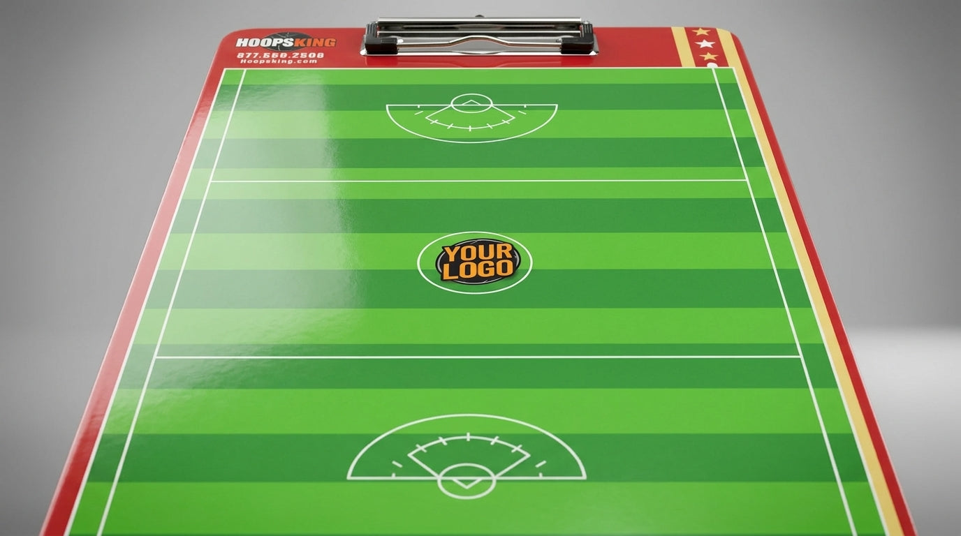 Custom HoopsKing lacrosse coaching clipboard with full field markings and team logo