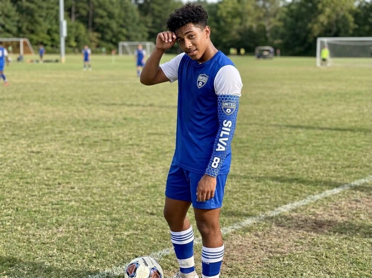 Youth soccer player on the field in team kit