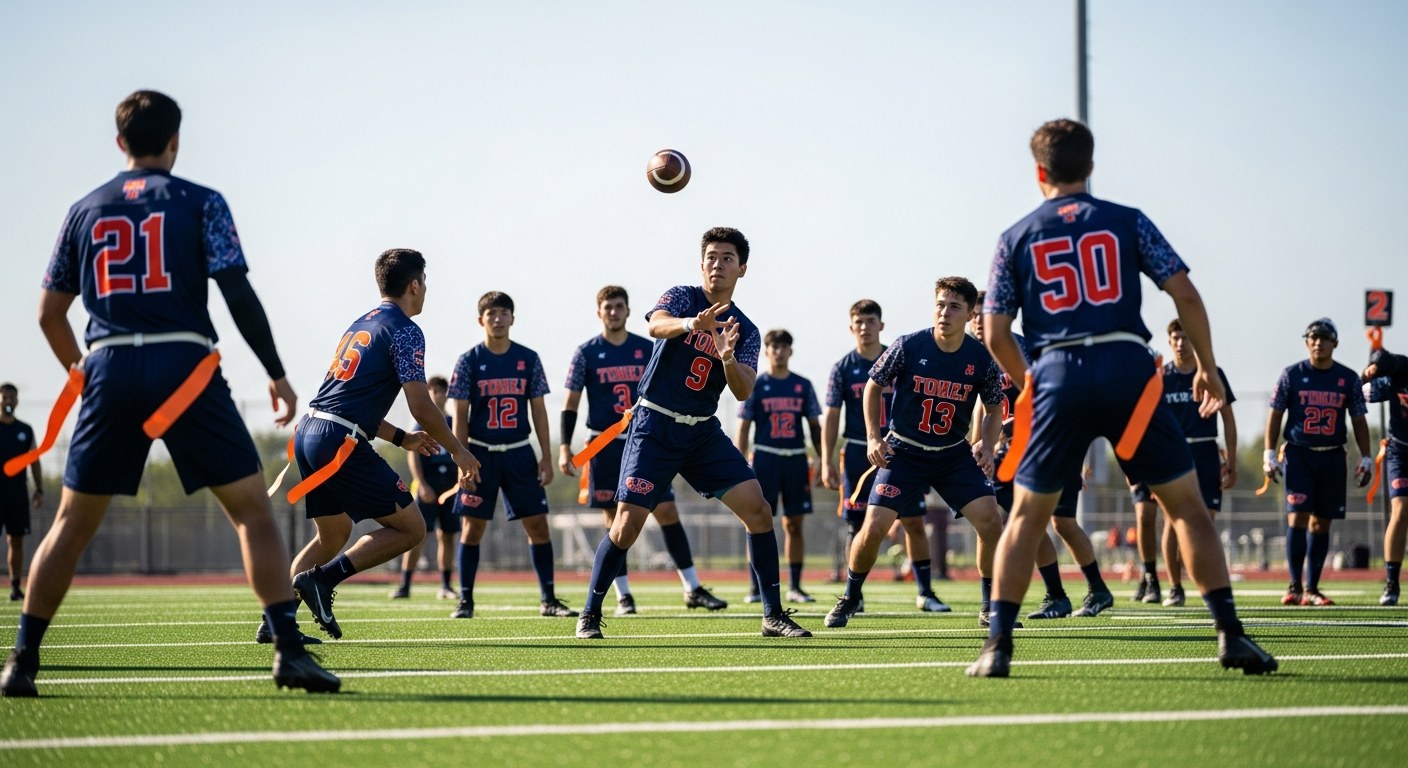 Youth flag football players competing during a game