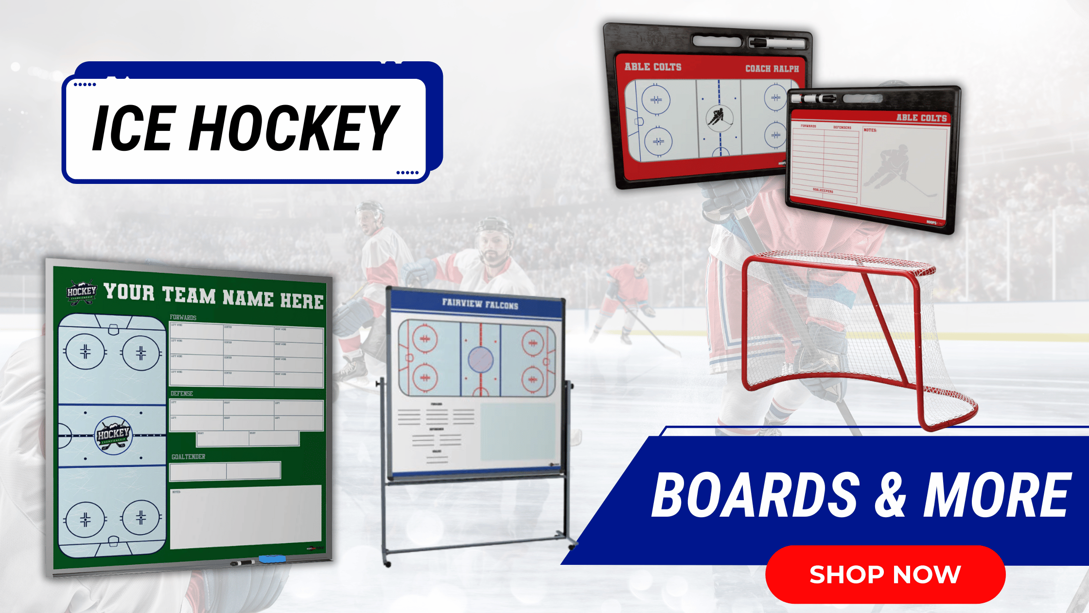 Ice hockey coaching equipment on the ice for a youth practice session