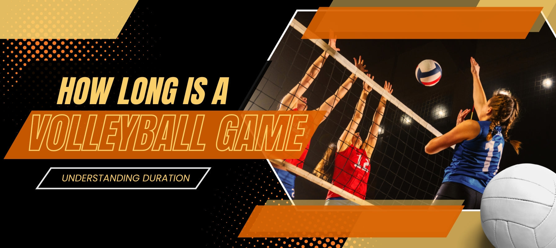 Volleyball players competing in a match, red and white match banner