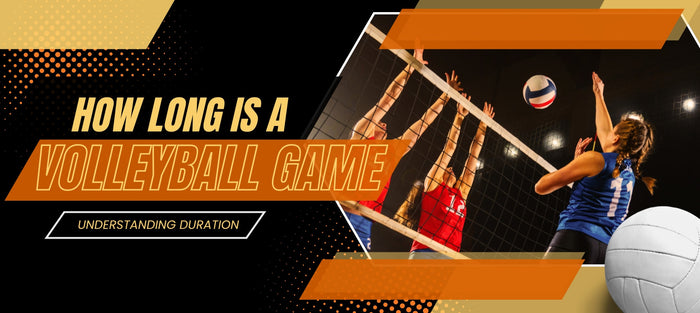 Volleyball players competing in a match, red and white match banner