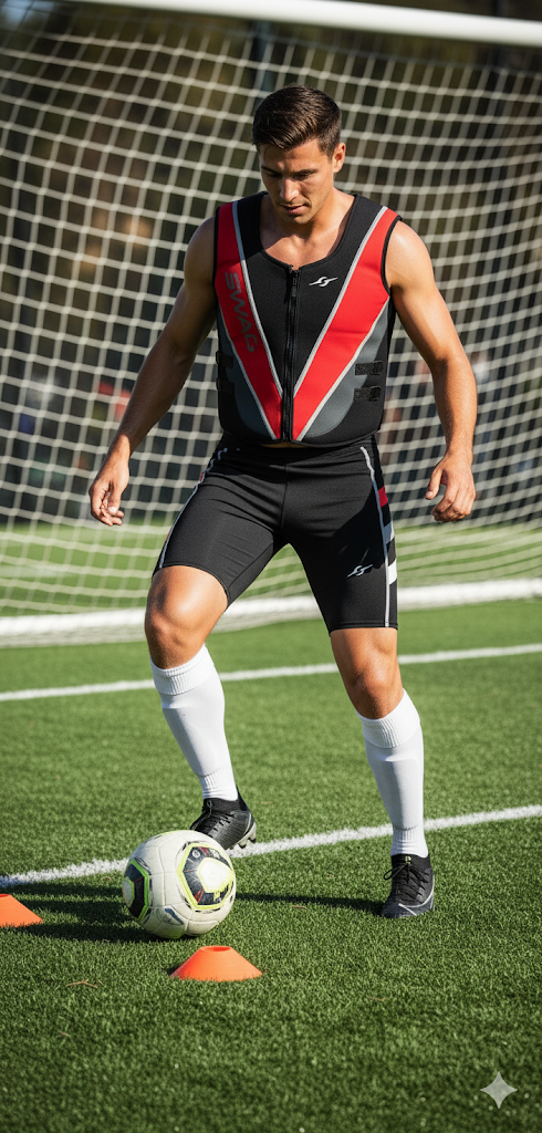 Soccer athlete training with weighted vest shorts on the field