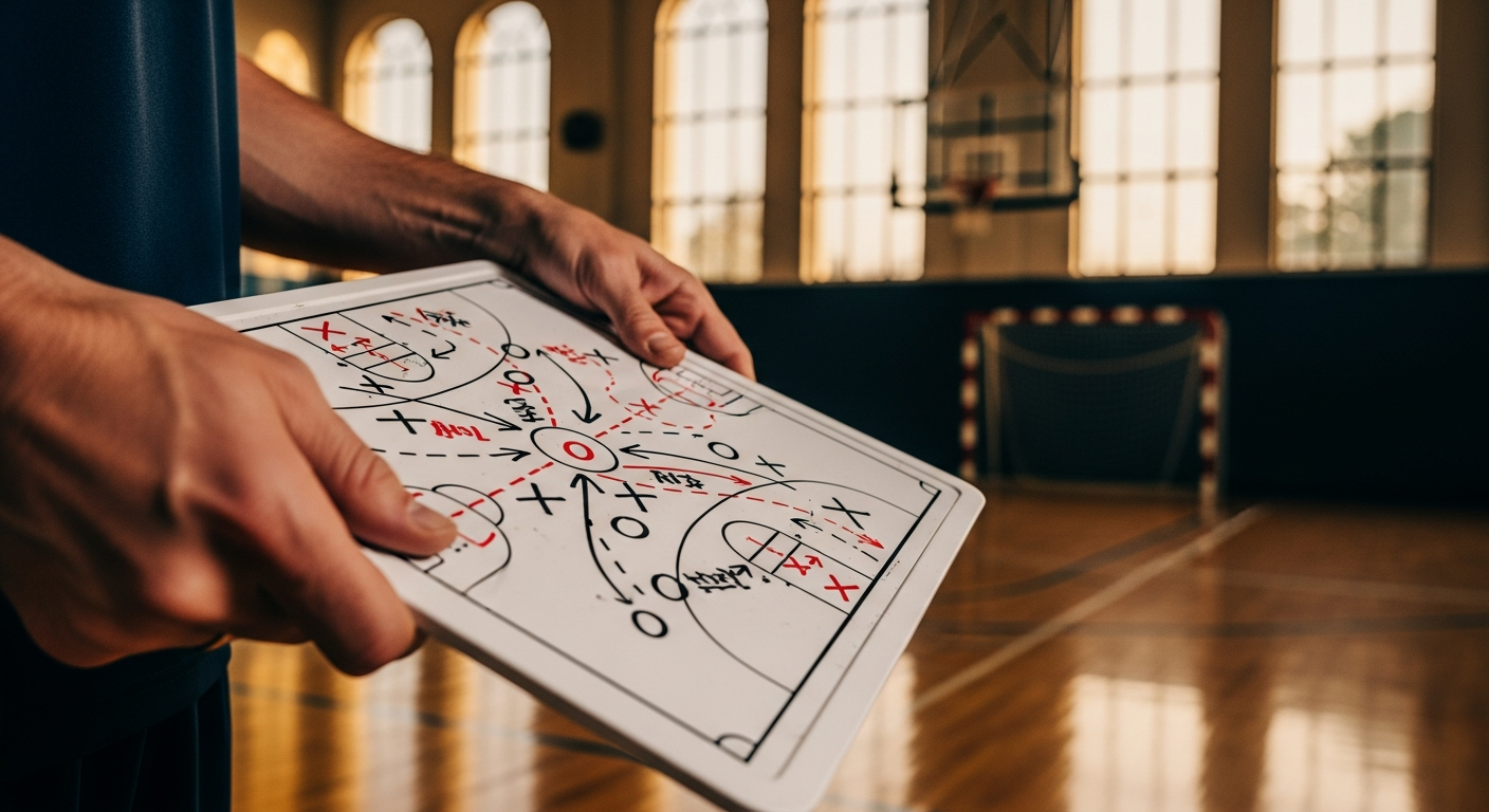 Basketball coach's hands holding dry-erase clipboard with plays drawn in marker, school gym background