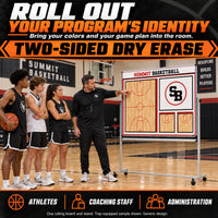Thumbnail for Illustrative custom rolling basketball boards: Bring your colors and your game plan into the room. Athletes, coaching staff, administration. One rolling board and stand. Tray-equipped sample shown. Generic design. Two-sided dry erase.