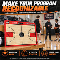 Thumbnail for Illustrative custom 23 x 18 basketball board graphic: Let opponents and visiting fans see your identity. Program pride, attention to detail, visible team identity. One custom 23 x 18 board included; marker not included; generic sample design shown.