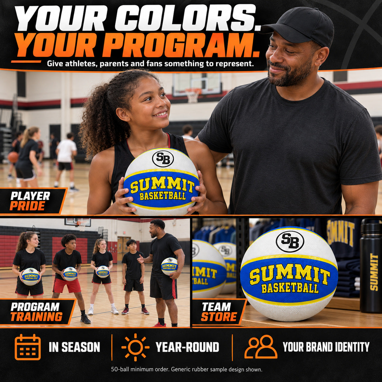 Illustrative custom basketballs graphic: Give athletes, parents and fans something to represent. Player pride, program training and team store. In season, year-round, your brand identity. 50-ball minimum order; generic rubber sample design shown.
