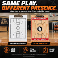 Thumbnail for Illustrative custom two-sided basketball clipboard graphic: Give your program a board that looks like yours. Plain white clipboard versus custom team identity. Your logo, team colors, coach name. Illustrative comparison; one custom board included; marker not included; generic sample design shown. The plain white board has a black full-court outline with lightly worn printed line sections.