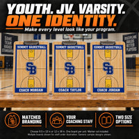 Thumbnail for Illustrative custom basketball lineup clipboard graphic: Make every level look like your program. Matched branding, your coaching staff, two size options. Choose 9.5 x 15 or 12 x 18 inches. One board per unit; marker not included. Multiple boards shown for staff illustration; generic sample designs shown.