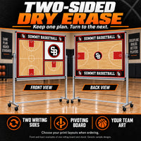 Thumbnail for Illustrative custom rolling basketball boards: Keep one plan. Turn to the next. Front view and back view. Two writing sides, pivoting board, your team art. Front and back examples of one rolling board and stand. Generic sample designs. Choose your print layouts when ordering.