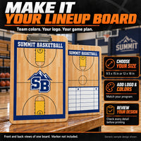 Thumbnail for Illustrative custom basketball lineup clipboard graphic: Choose 9.5 x 15 or 12 x 18 inches; add logo and colors; review the design before printing. Front and back views of one board. Marker not included. Generic sample design shown.