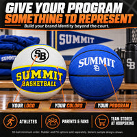 Thumbnail for Illustrative custom basketballs graphic: Build your brand identity beyond the court. Your logo, your colors, your program. Athletes, parents and fans, team stores at HoopsKing. 50-ball minimum order; rubber and PU options sold separately; generic sample designs shown.