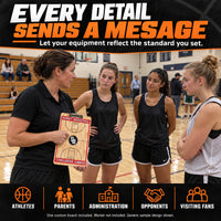 Thumbnail for Illustrative custom two-sided basketball clipboard graphic: Let your equipment reflect the standard you set. Athletes, parents, administration, opponents and visiting fans. One custom board included; marker not included; generic sample design shown.