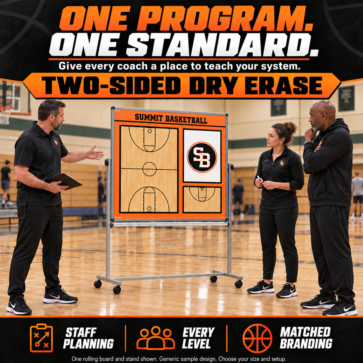 Illustrative custom rolling basketball boards: Give every coach a place to teach your system. Staff planning, every level, matched branding. One rolling board and stand shown. Generic sample design. Choose your size and setup. Two-sided dry erase.