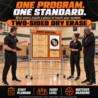 Thumbnail for Illustrative custom rolling basketball boards: Give every coach a place to teach your system. Staff planning, every level, matched branding. One rolling board and stand shown. Generic sample design. Choose your size and setup. Two-sided dry erase.