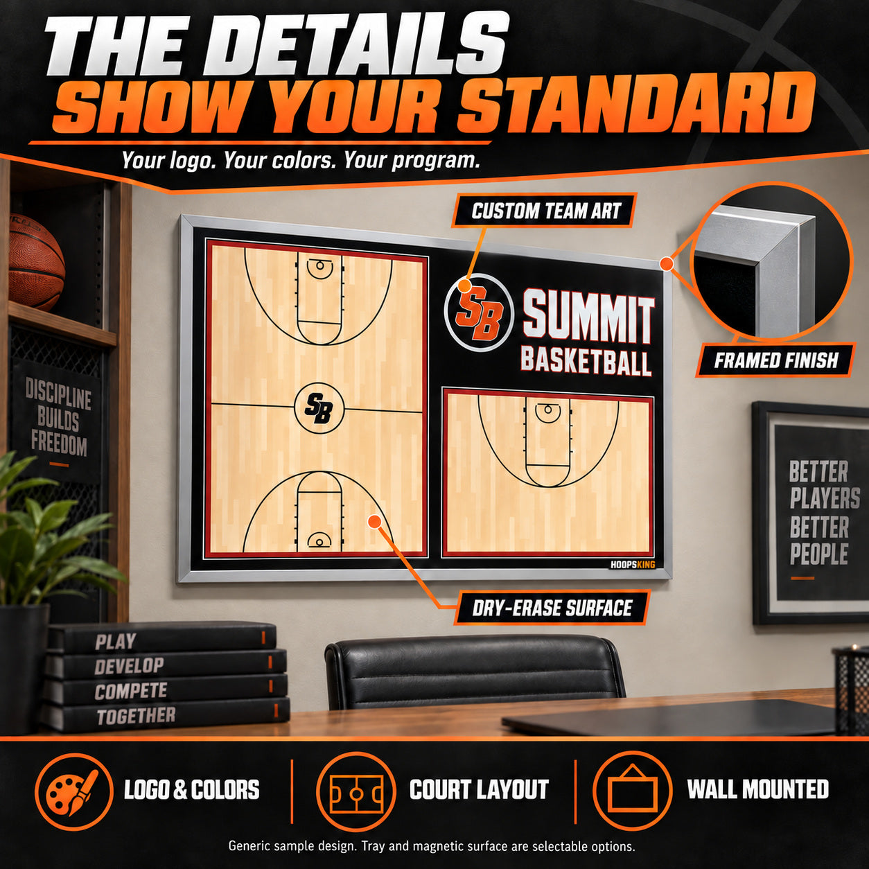 Illustrative custom wall basketball boards: Your logo. Your colors. Your program. Custom team art, framed finish, dry-erase surface. Logo and colors, court layout, wall mounted. Generic sample design. Tray and magnetic surface are selectable options.