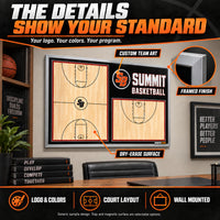 Thumbnail for Illustrative custom wall basketball boards: Your logo. Your colors. Your program. Custom team art, framed finish, dry-erase surface. Logo and colors, court layout, wall mounted. Generic sample design. Tray and magnetic surface are selectable options.