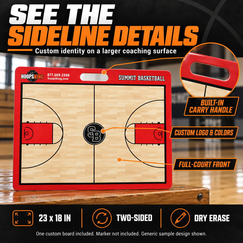Illustrative custom 23 x 18 basketball board graphic: Built-in carry handle, custom logo and colors, full-court front. 23 x 18 inches, two-sided dry erase. One custom board included; marker not included. Generic sample design shown.