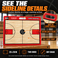 Thumbnail for Illustrative custom 23 x 18 basketball board graphic: Built-in carry handle, custom logo and colors, full-court front. 23 x 18 inches, two-sided dry erase. One custom board included; marker not included. Generic sample design shown.