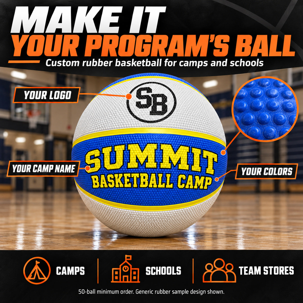 Illustrative custom basketballs graphic: Custom rubber basketball for camps and schools: logo, camp name and colors. 50-ball minimum order. Generic rubber sample design shown.