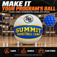 Thumbnail for Illustrative custom basketballs graphic: Custom rubber basketball for camps and schools: logo, camp name and colors. 50-ball minimum order. Generic rubber sample design shown.