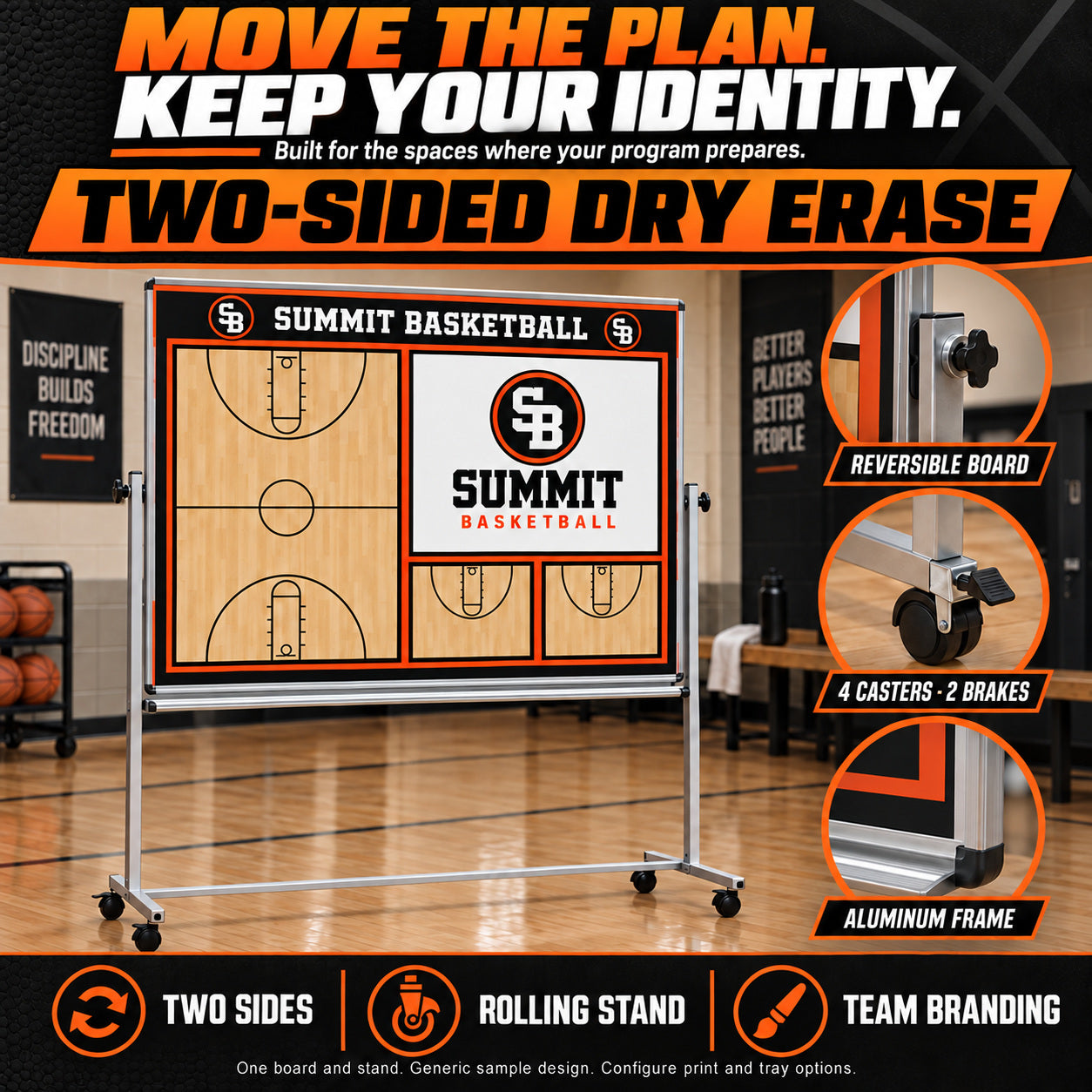 Illustrative custom rolling basketball boards: Built for the spaces where your program prepares. Reversible board, four casters and two brakes, aluminum frame. Two sides, rolling stand, team branding. One board and stand. Generic sample design. Configure print and tray options. Two-sided dry erase.