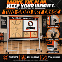 Thumbnail for Illustrative custom rolling basketball boards: Built for the spaces where your program prepares. Reversible board, four casters and two brakes, aluminum frame. Two sides, rolling stand, team branding. One board and stand. Generic sample design. Configure print and tray options. Two-sided dry erase.