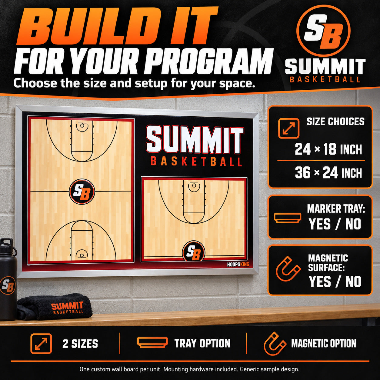 Illustrative custom wall basketball boards: Choose the size and setup for your space. Size choices: 24 x 18 inch or 36 x 24 inch. Marker tray: yes/no. Magnetic surface: yes/no. One custom wall board per unit. Mounting hardware included. Generic sample design.