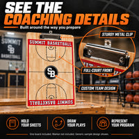 Thumbnail for Illustrative custom two-sided basketball clipboard graphic: Sturdy metal clip, full-court front and custom team design. Hold sheets, draw plays and represent the program. One board included; marker not included. Generic sample design shown.