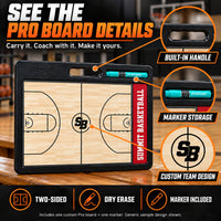 Thumbnail for Illustrative custom pro basketball board graphic: Built-in handle, marker storage and custom team design. Two-sided dry erase; marker included. One custom Pro board plus one marker. Generic sample design shown.