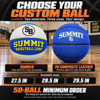 Thumbnail for Illustrative custom basketballs graphic: Rubber: value option for camps and giveaways. PU composite leather: premium option for team stores and gifts. Available sizes: 27.5, 28.5 and 29.5 inches. 50-ball minimum order. One design per quantity tier; sizes may be combined. Generic sample designs; colors and artwork are customizable.