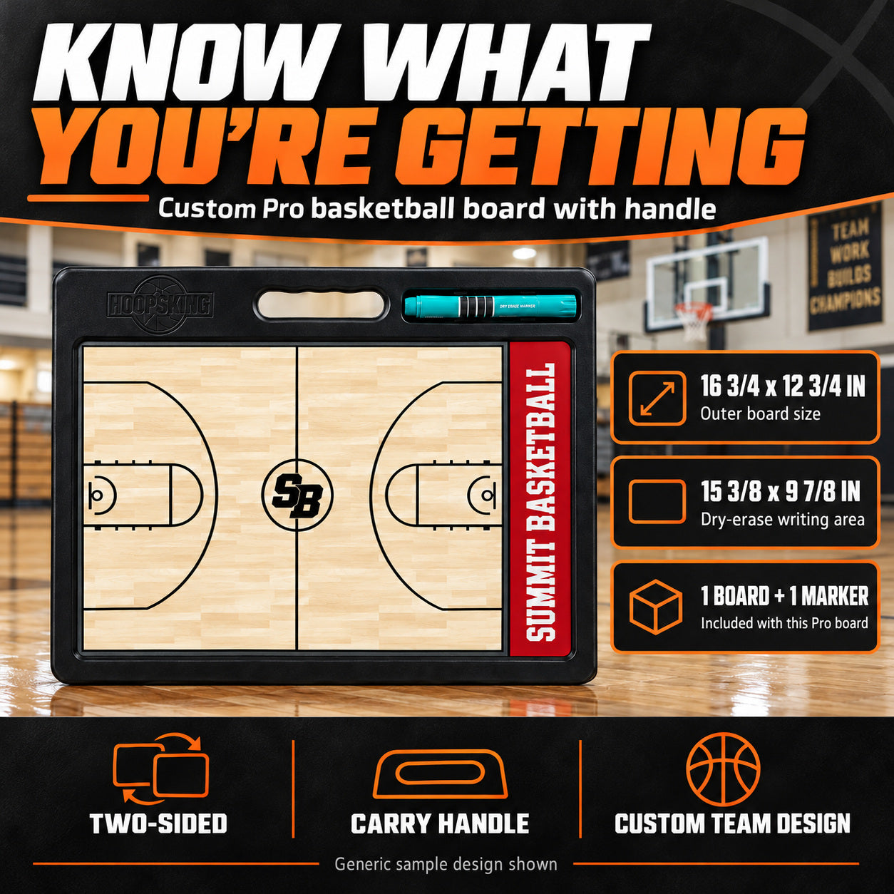 Illustrative custom pro basketball board graphic: Pro outer size: 16 3/4 x 12 3/4 inches. Dry-erase area: 15 3/8 x 9 7/8 inches. Includes one Pro board and one marker. Two-sided, carry handle and custom team design. Generic sample design shown.