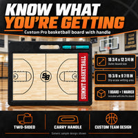 Thumbnail for Illustrative custom pro basketball board graphic: Pro outer size: 16 3/4 x 12 3/4 inches. Dry-erase area: 15 3/8 x 9 7/8 inches. Includes one Pro board and one marker. Two-sided, carry handle and custom team design. Generic sample design shown.