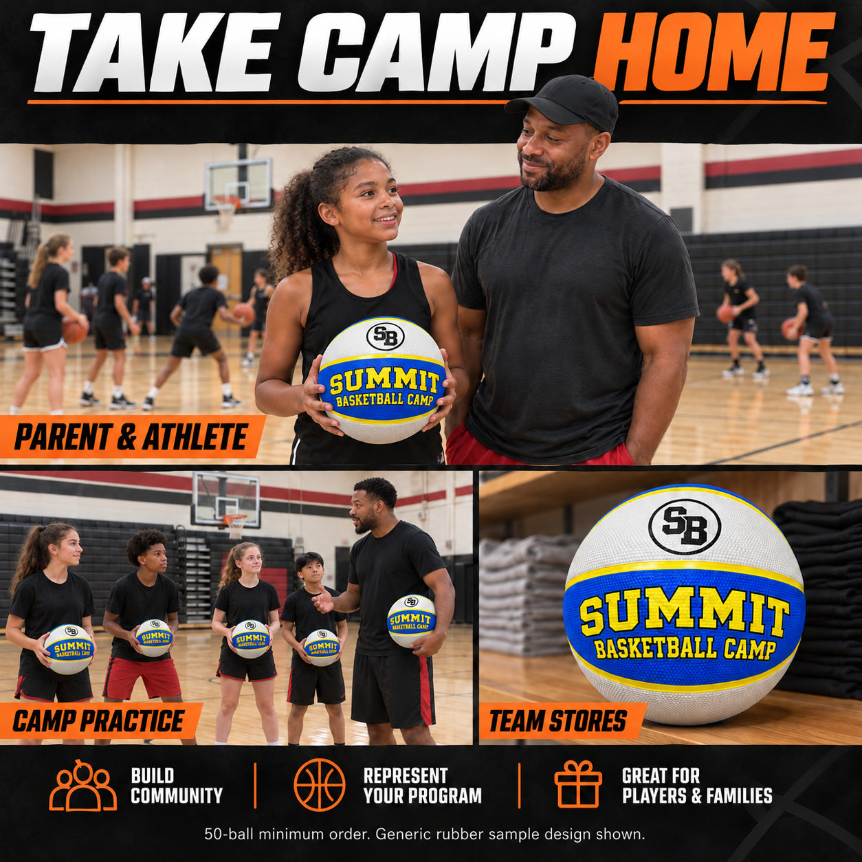 Illustrative custom basketballs graphic: Parent and athlete, camp practice and team stores. Build community, represent your program, great for players and families. 50-ball minimum order. Generic rubber sample design shown.