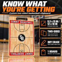 Thumbnail for Illustrative custom two-sided basketball clipboard graphic: Choose one size: 9.5 x 15 or 12 x 18 inches. Two-sided: full court front and half court back. Both sides dry erase. One board; marker not included. Generic sample design shown.