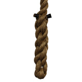 Close-up of a brown braided manila rope end with a black metal clamp.