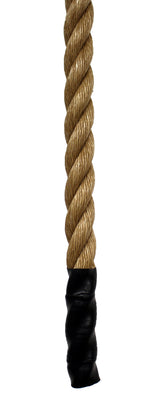 Close-up of a tan twisted rope with a black boot end, on a white background.