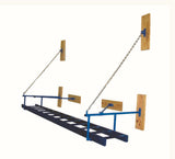 Blue horizontal ladder with chains and wooden wall mounts.