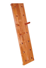 Long wooden peg board with two pegs inserted, angled against a white background.