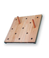 Square wooden peg board with 16 holes and two brown pegs inserted.