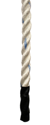White twisted rope with blue flecks and a black boot end.