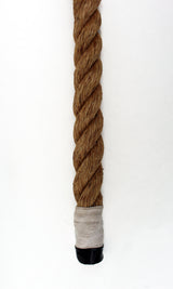 Close-up of a brown twisted rope with a light grey whipped end and a black rubber cap.