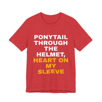 Thumbnail for Ponytail Through The Helmet, Heart On My Sleeve — Softball T-Shirt